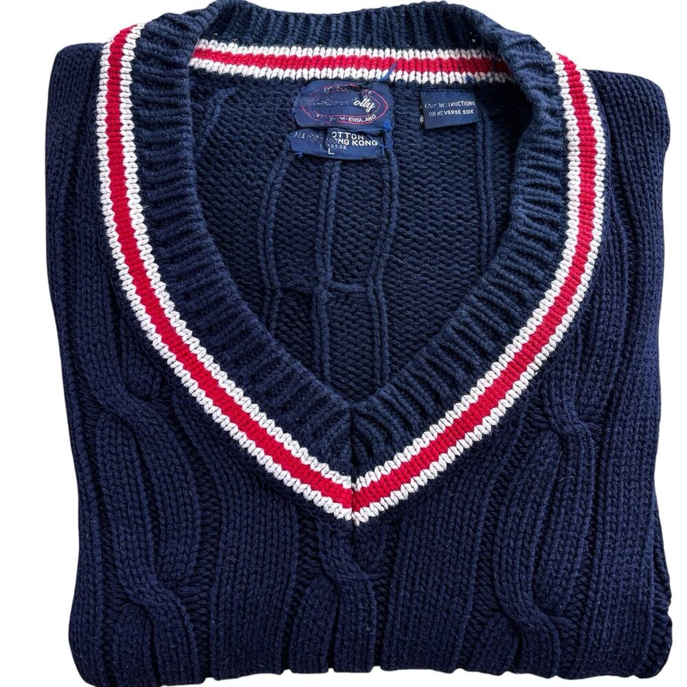 Allen Solly Blue Cotton Cable Knit Sweater Red White Stripe Trim Vintage Large*